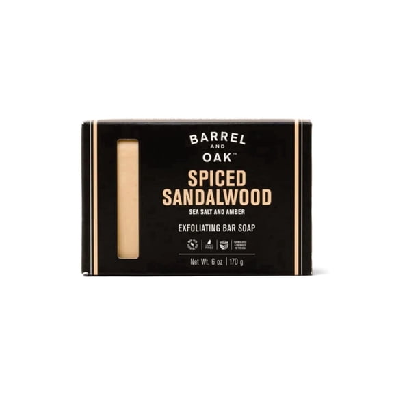 Barrel & Oak Exfoliating Bar Soap for Men, Kaolin Clay & Walnut Shell Powder Scrub with Essential Oils, Deep Cleansing Vegan Body Soap, SLS Free Grooming Bar, 6 oz, Spiced Sandalwood