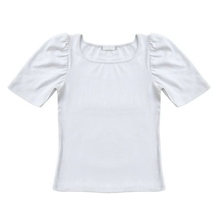 

Viugreum Short Puff-Sleeve Square Neck Top | Women s Rib Knit Top | Slim Fit T-Shirt Tops Elegant T-Shirt Crop Tees for Women