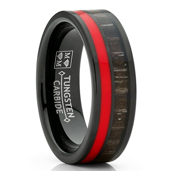 Metal Masters Mens Black Tungsten Wedding Band Ring Dark Zebra Wood Red Line 7mm Unisex Comfort-Fit 13