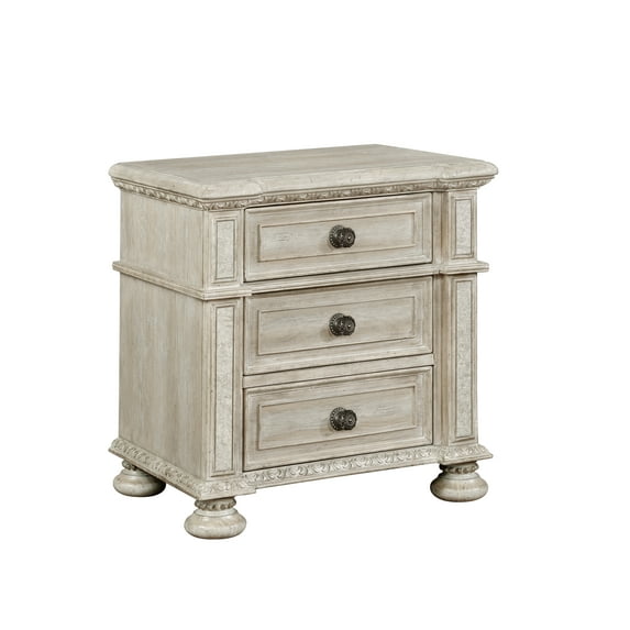 Stella - 3 Drawer Night Stand, Beige Rustic Finish & Antiqued 2" Mirror Trimming