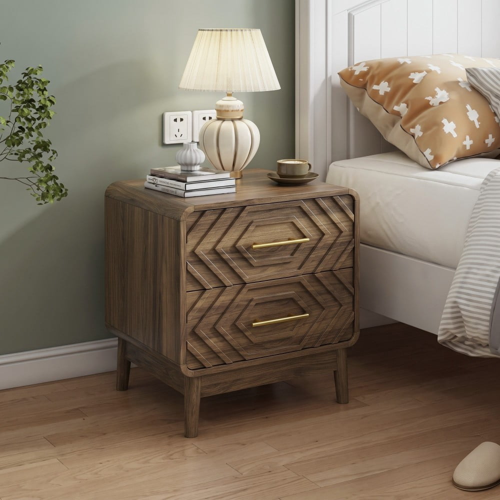 Brown Nightstand with 2 Drawers, Mid-Century Modern Bedside Table with Arched Vertical Grooves, Solid Wood Legs, Compact Storage Cabinet