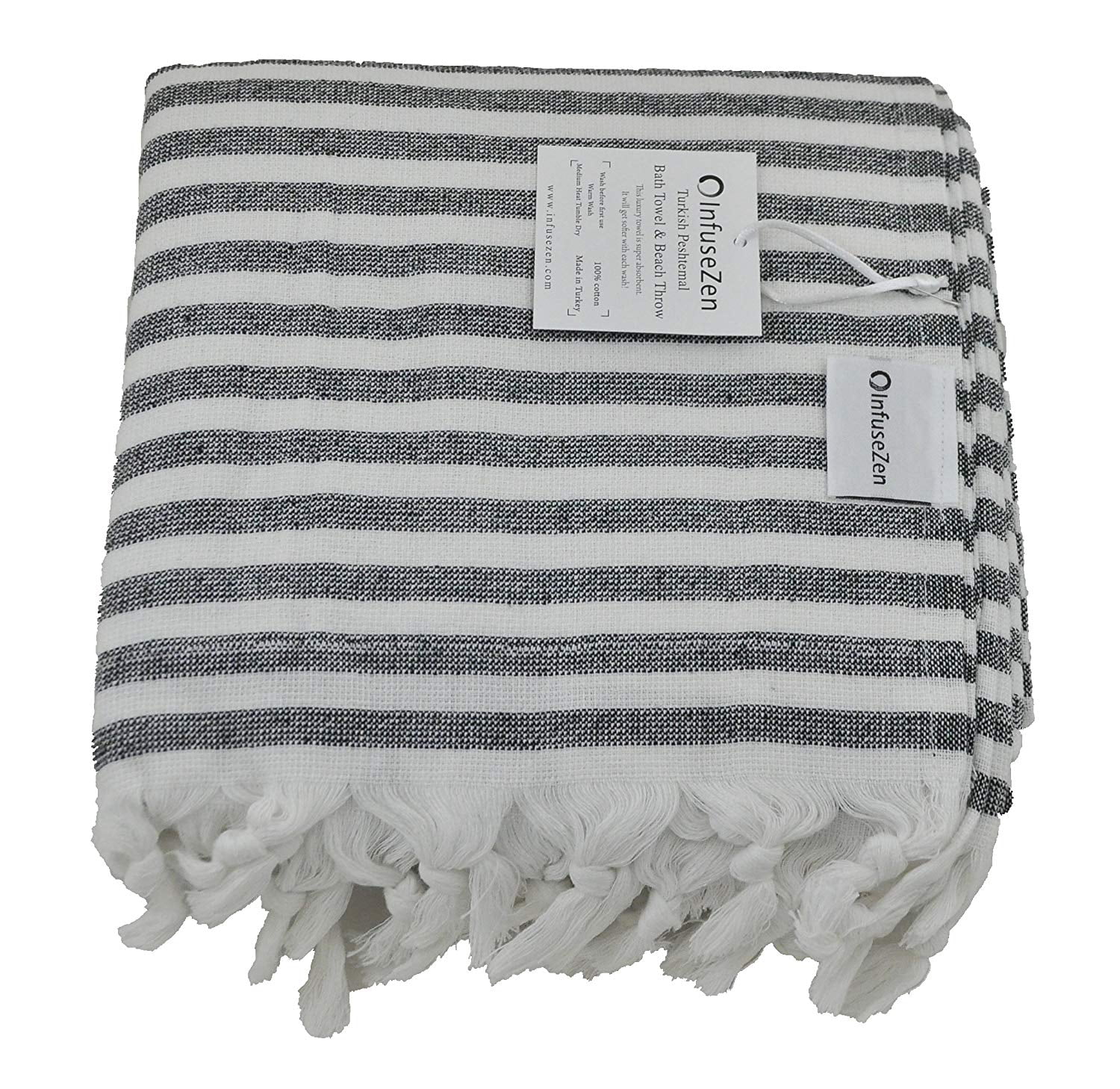 Striped Peshtemal for The Bath 100% Turkish Cotton Beige InfuseZen Thin Turkish Towel with Soft Terry Cloth on One Side Pool or Beach Luxury Terry Back Fouta