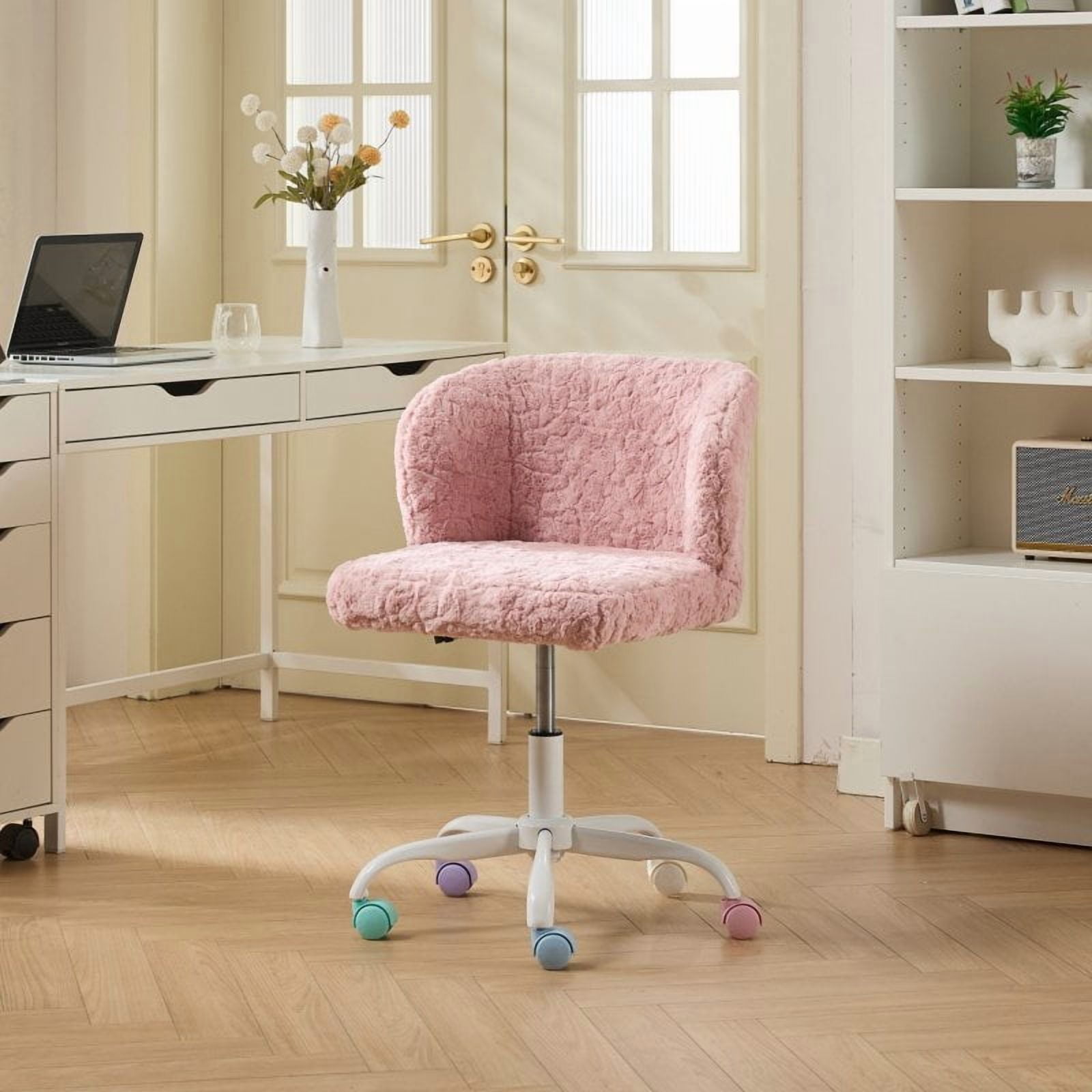 Fluffy Faux Alpaca Fur Vanity Chair with Gold Metal Base, Adjustable Swivel Chair with Gas Lift & Reclining Function,Pink