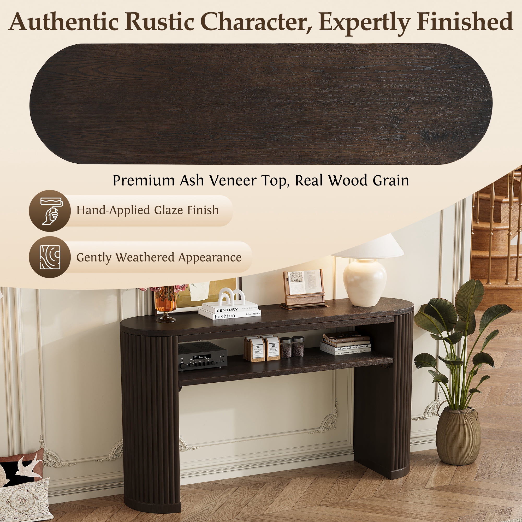 Euroco 53" Fluted Console Table, Modern Entryway Table with Open Storage Shelf & Wood Legs, Long Sofa Table Behind Couch for Living Room, Hallway,Espresso