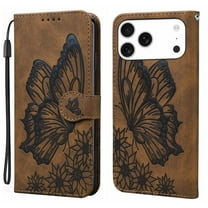 For iPhone 17 Pro 6.3" Large Butterfly Pattern Embossed Strong Magnetic Attachment/Closure, Card Slots/Pocket, PU Leather Flip Wallet Case ﻿,Brown,For iPhone 17 Pro