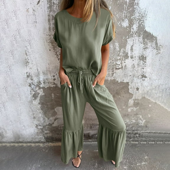 Women's Pajama Set Under $15 Short Sleeve Long Pants Spring/Summer Round Neck Casual Solid Color Cotton/Linen Short Sleeve Pants Suit