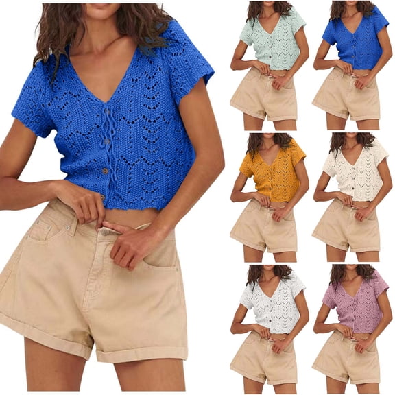ATENAR Shirts for Women Lightweight Loose Womens Shirts Summer Croped Tee Dark Blue M
