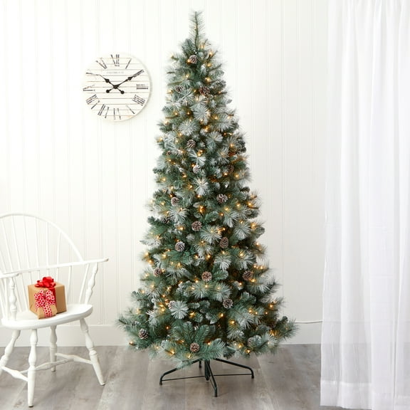 Nearly Natural 7' Frosted Tip Green Pine Artificial Christmas Tree Pinecones Prelit 400 Clear Lights