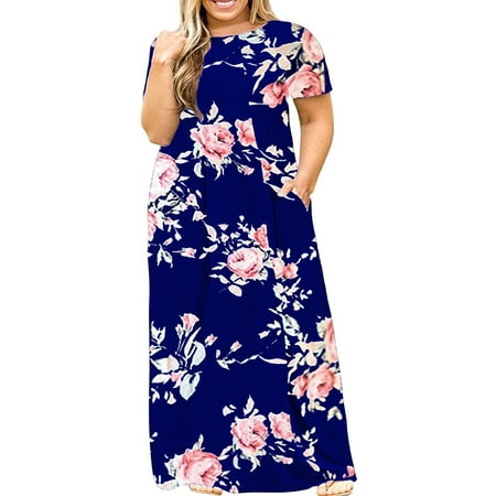 Short Sleeve Plus Size Women Print Long Maxi Dress