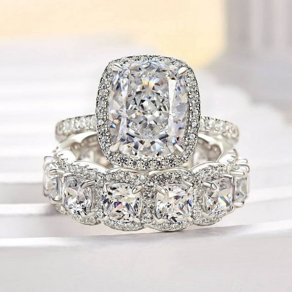 Eloya Jewel Cushion Cut Halo Engagement Ring Set - 1.5 Ct Lab Created Diamond in 14K White Gold Plated - Eternity Band Bridal Jewelry Gift