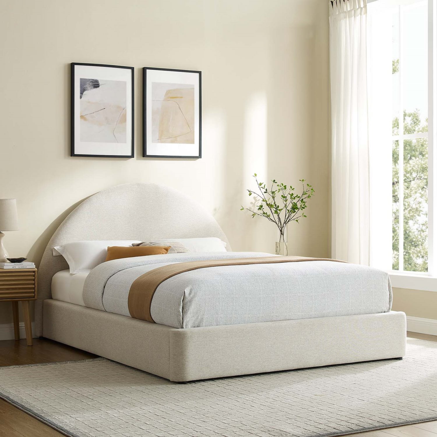 Platform Bed Frame, King Size, Ivory White, Fabric, Bedroom, Modern Contemporary HB36791