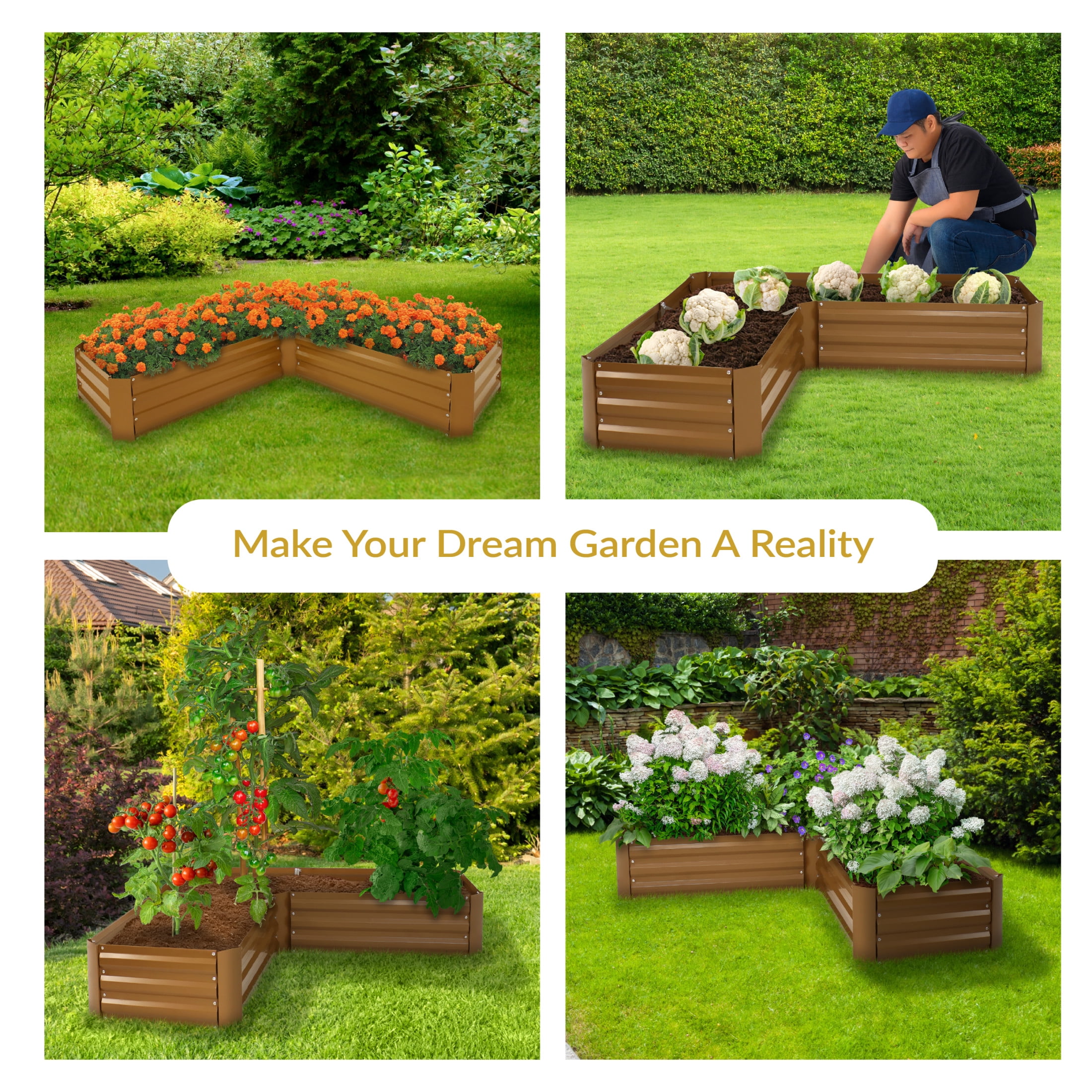 Sunnydaze 59.5" x 59.5" x 11.75" L-Shaped Brown Galvanized Steel Raised Garden Bed