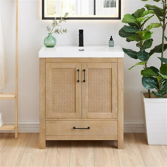 Pemberly Row 30" Wood Vanity in Light Brown Artificial Drop-in Sink no Mirror