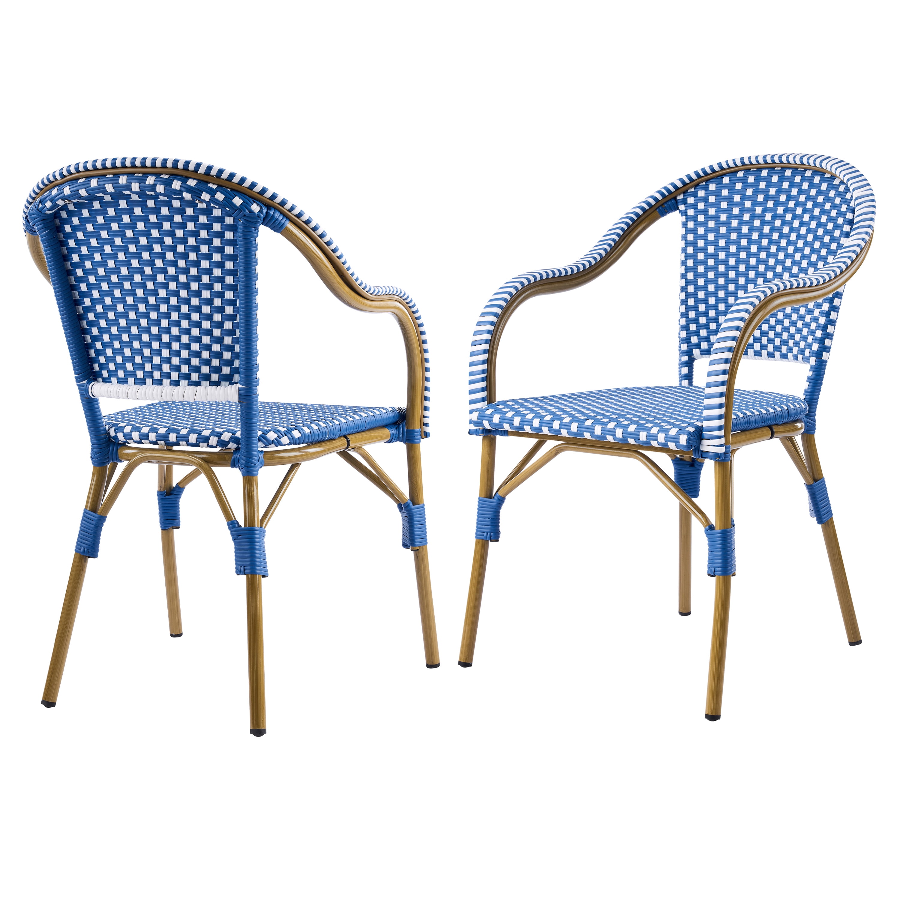Bistro Chairs Set of 2, Outdoor Aluminum Frame Weather Resistant PP Rattan Chairs for Porch Garden, Natural and Blue and White