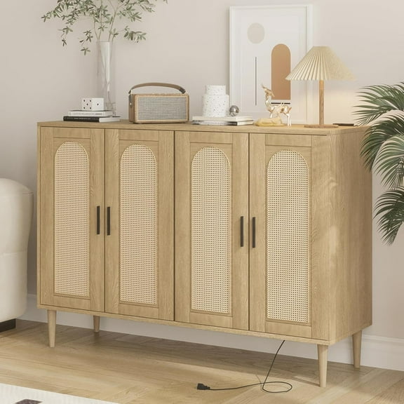 Rattan Sideboard Buffet Cabinet, Boho Accent Storage Cabinet, 4 Doors Console Table Coffee Bar with Power Outlet, Adjustable Shelves for Kitchen, Dining Room, Hallway, Living Room (Wood_1)