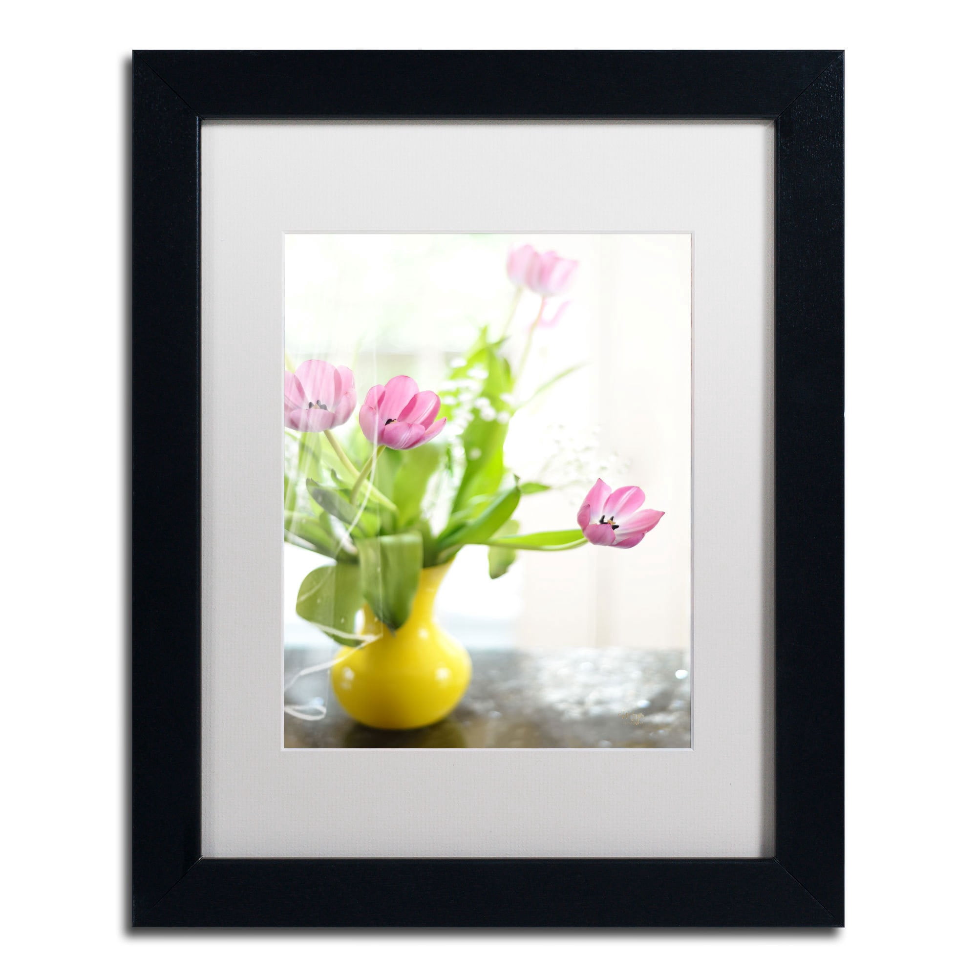 Trademark Fine Art "Pink Tulips in Yellow Vase" Canvas Art by Lois Bryan, White Mat, Wood Frame