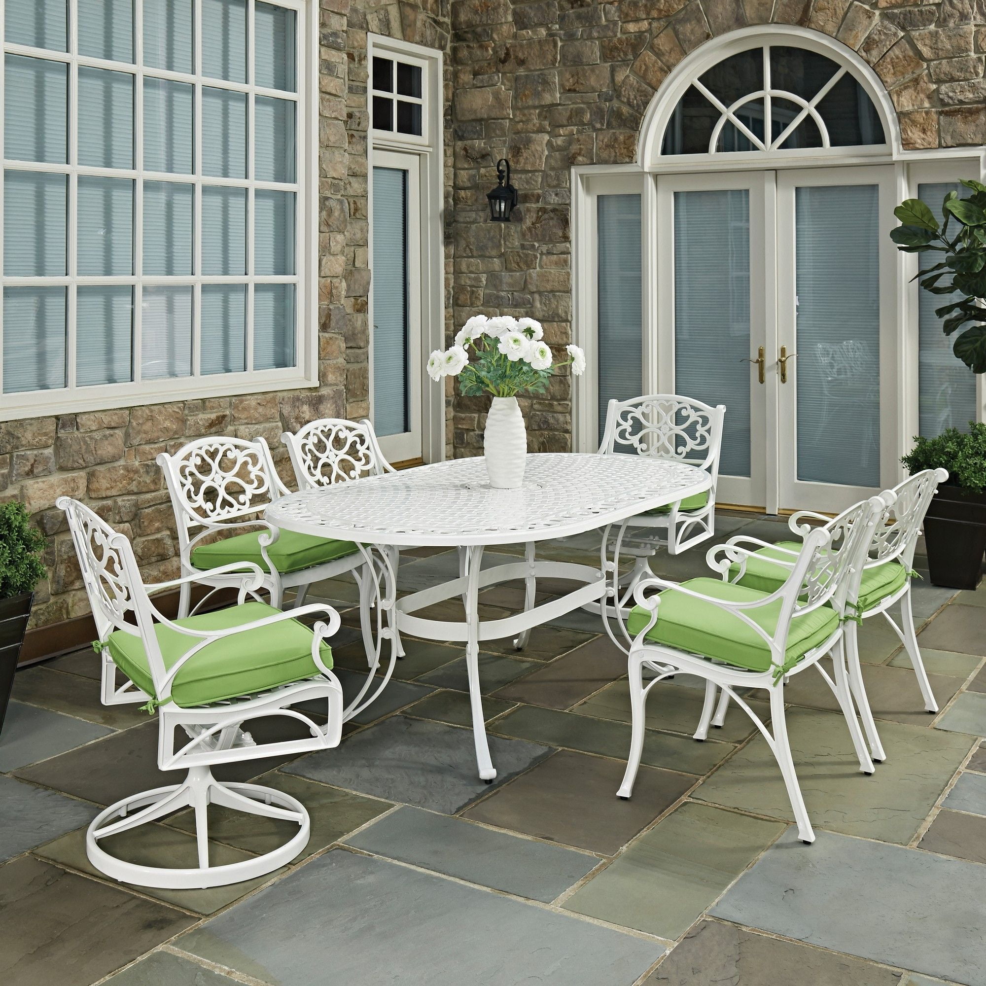 Home Styles Biscayne Cast Aluminum, White, 7pc Outdoor Dining Set with