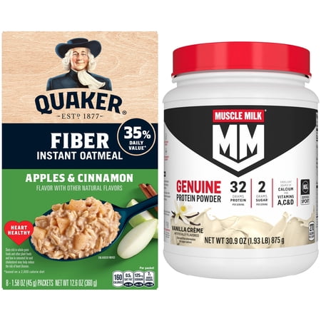 Muscle Milk Genuine Protein Powder, Vanilla Crème , 32g Protein, 1.9lb, 30.9oz + Quaker Fiber Apples & Cinnamon Instant Oatmeal, 1.58 oz 8 Count