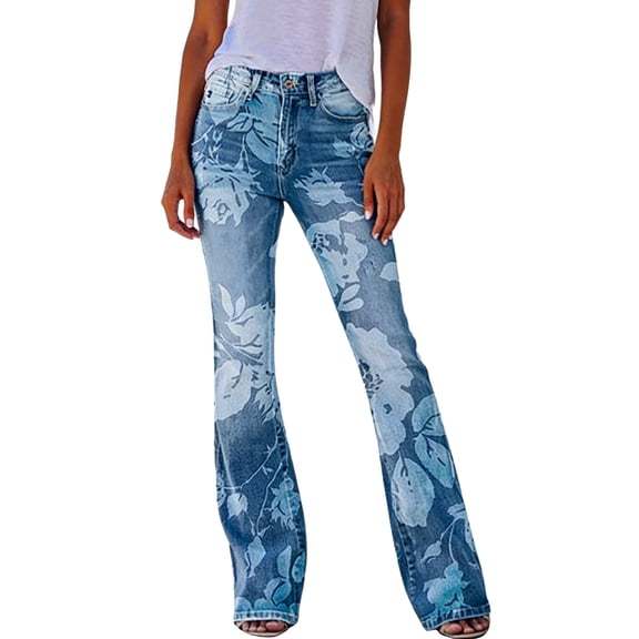 REDARER Womens Blue Floral Print High Waist Flare Jeans Soft Stretchy Casual Denim Trousers for Daily Wear,L