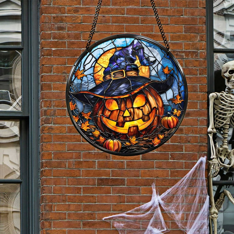 Autumn Witch Acrylic Suncatcher Window Hanging - Faux Stained Glass Halloween Decor With Pumpkin And Flowing Cloak For Seasonal Home Display