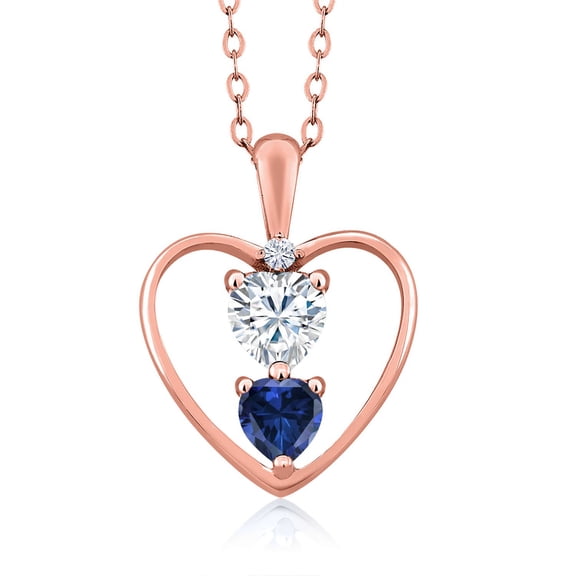 Gem Stone King 18K Rose Gold Plated Silver White Moissanite Pendant Necklace for Women (0.93 Cttw, Gemstone Birthstone, Heart 5MM and 4MM, with 18 inch Silver Chain)