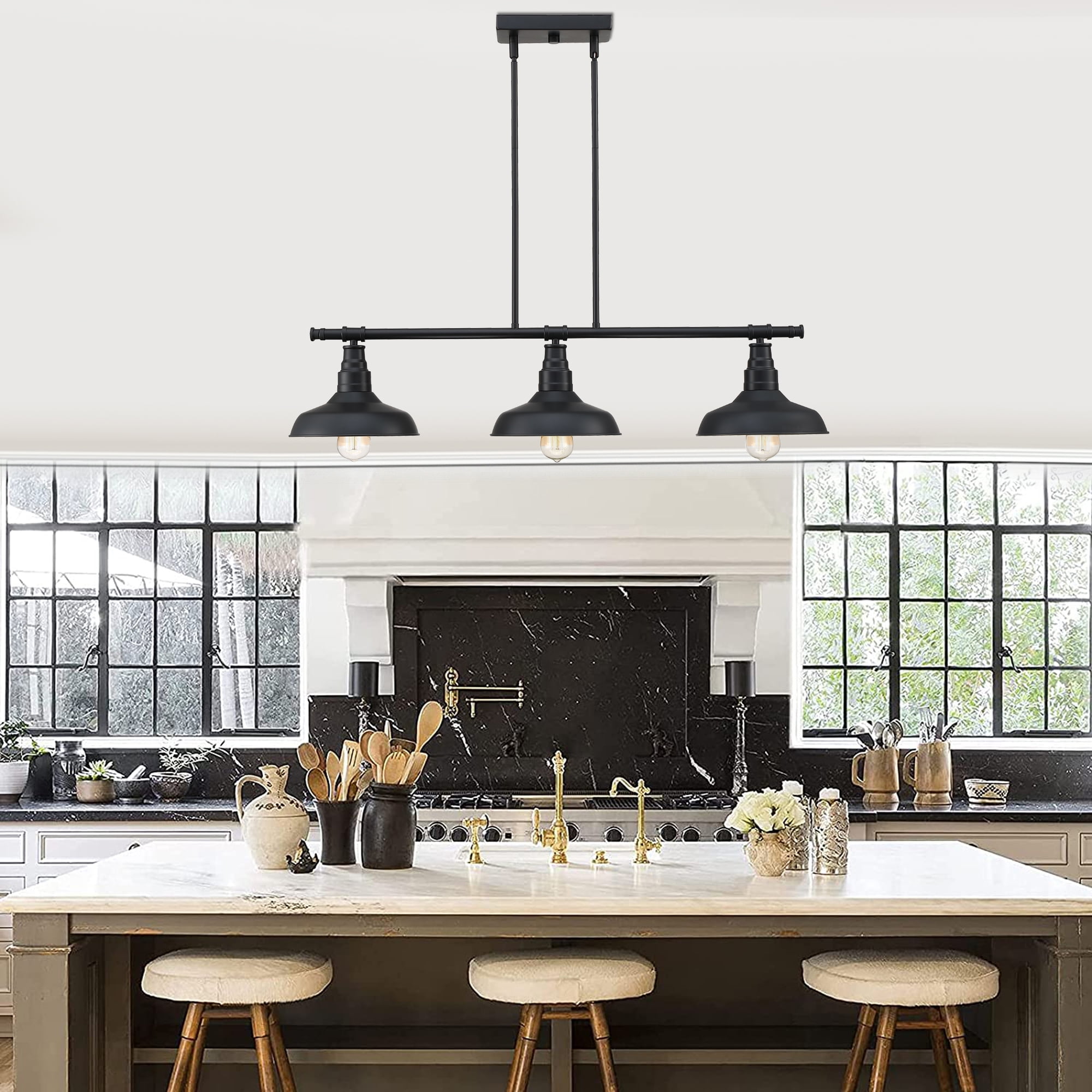 3Light Industrial Pendant Lighting for Kitchen Island Matte Black