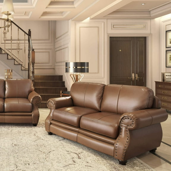 Leather Loveseat, Small Couch, Antique Style, Rolled Arm, Living Room Seating, Chestnut Brown