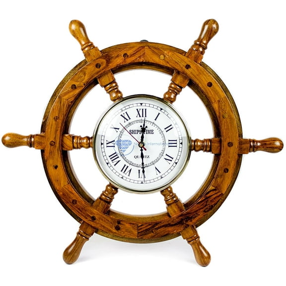 Nagina International Nautical Handcrafted Wooden Premium Wall Decor Wooden Clock Ship Wheels | Pirate's Accent | Maritime Decorative Time's Clock (30 Inches, Clock Size - 6 Inches)