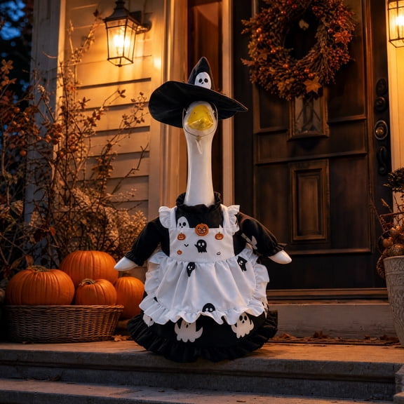 SUORE Halloween Porch Goose Outfits, Fall Goose Clothes Fits 23 In Statue , Goose Costume with Hat for Cement Plastic Outdoor Patio Yard Lawn Duck Party Decoration
