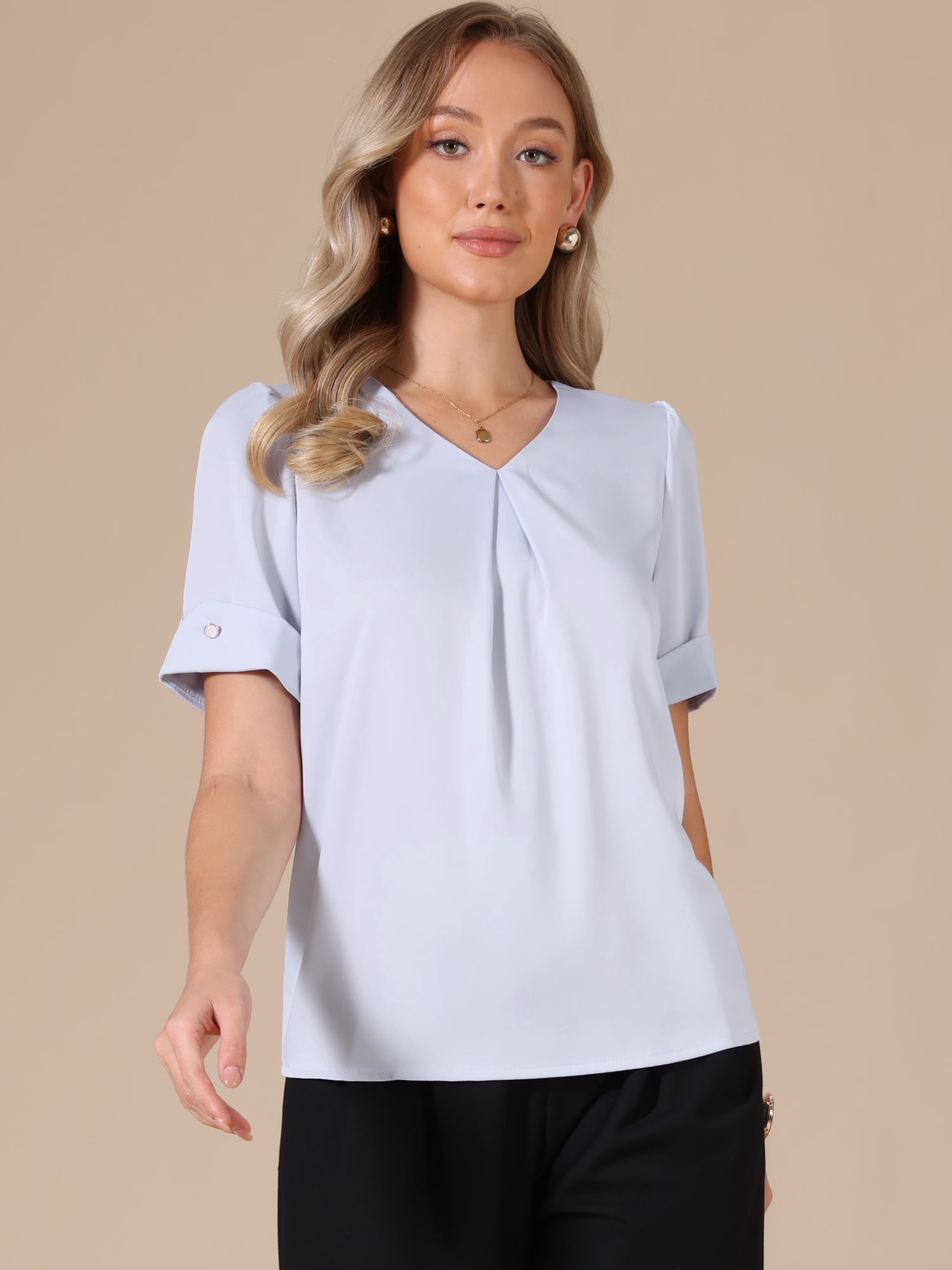 DARING DIVA Women's Satin Blouse V Neck Short Sleeve Business Work Shirt S Light Blue
