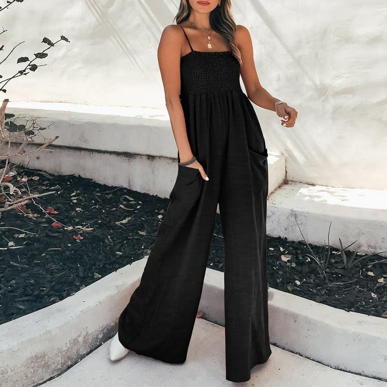 Women's Summer Casual Tie Strap Wide Leg Jumpsuit Square Neck Smocked Flowy Long  Pants Rompers with Pockets 
