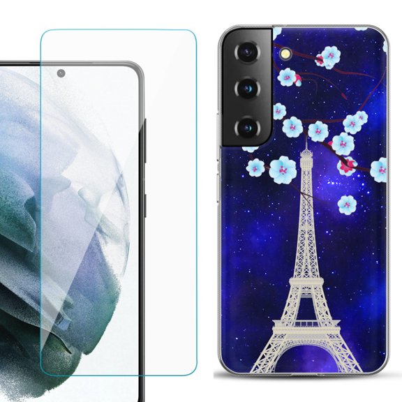 Slim-Fit TPU Fashion Phone Case for Samsung Galaxy S22 5G, with Tempered Glass Screen Protector, by OneToughShield ® - Eiffel Tower Stars