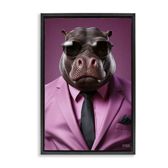 Stupell Industries Strong Hippo Purple Suit Animals & Insects Painting Black Floater Framed Canvas Art Print Wall Art, 17 x 25