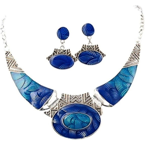 1 Set Oval Alloy Enamel Pendant Necklace with Stud Dangle Earrings Silver Royal Blue 430mm Jewelry Set Women Parties Suitable