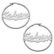 Personalized Women's Silvertone or Goldtone Script Name with Heart Tail Hoop Earrings