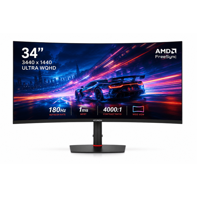 Monitor Gamer Curvo Hyundai 34” QHD 3440x1440 180Hz 1ms, 4000:1, 300 nits, FreeSync, 2 HDMI 2 DP, VESA, UltraWide para Gaming y Productividad