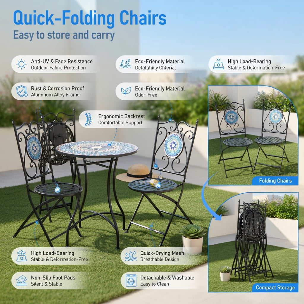 Hommoo 2-Pack Folding Patio Chairs with Mosaic Tile Design, Heavy-Duty Metal Frame, Indoor/Outdoor Use, Black