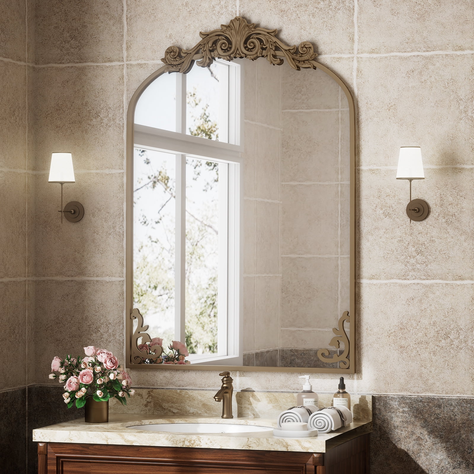 BEAUTYPEAK 38"x24" Vanity Wall Mirror Decorative Vintage Arch Bathroom Mirror,Bronze