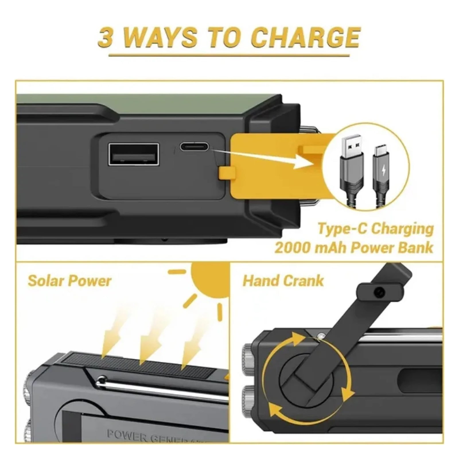 Weather Radio Emergency Multifunctional Radio FM AM WB Hand Crank Solar USB Charging 2000mAh Power Bank LED Flashlight Torch ,Listen Anytime, Anywhere