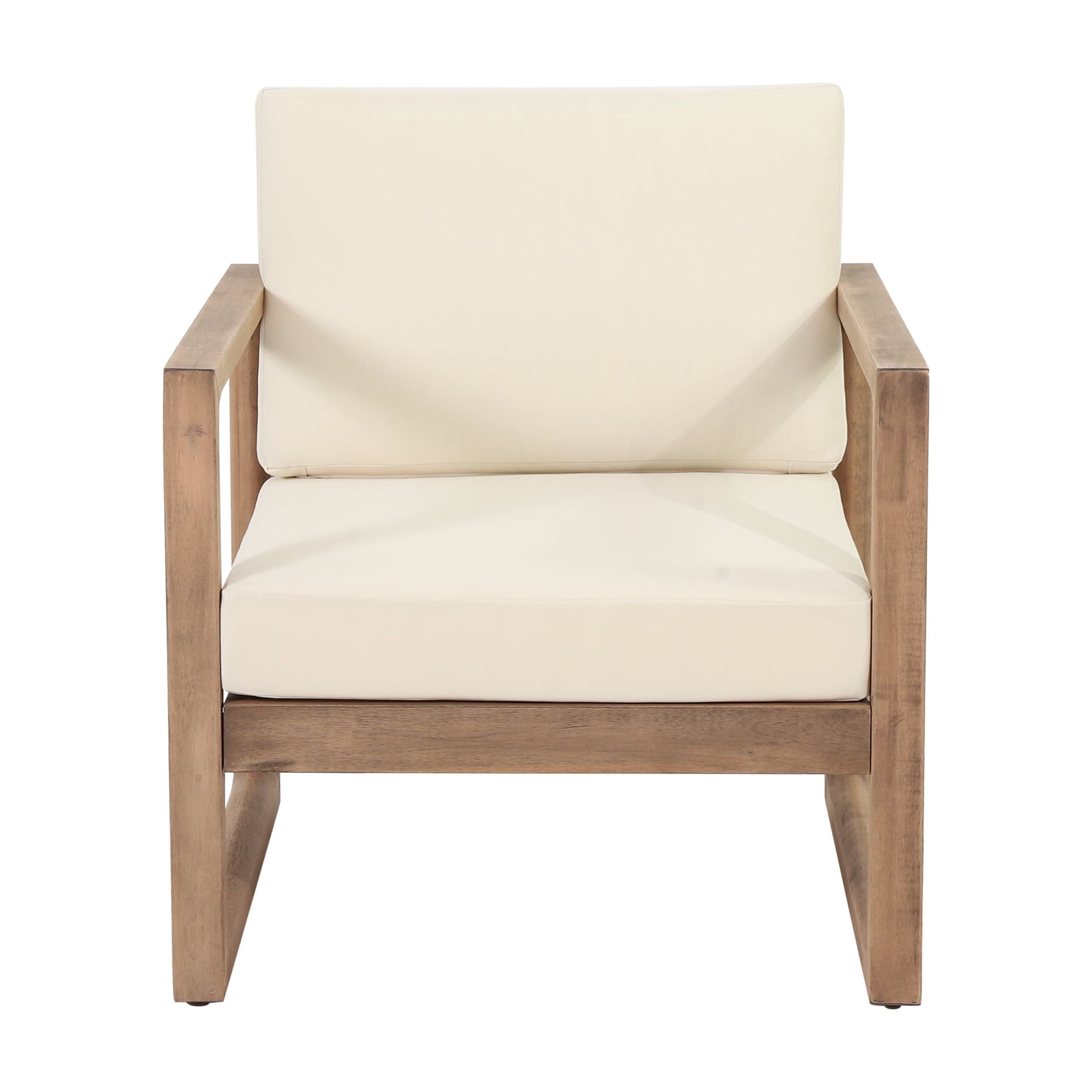 Outdoor Patio Single Seat Chair, Acacia Wood Frame with Thick Waterproof Cushion for Porch Garden, Brown Wash and Beige