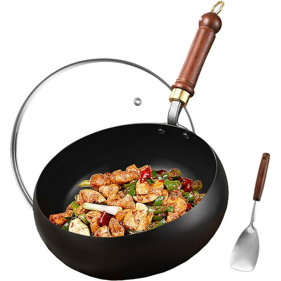 11-Inch Uncoated Thick Iron Pot Carbon Steel Wok Pan, Flat Bottom with Glass Lid, Wooden Handle, for All Stoves
