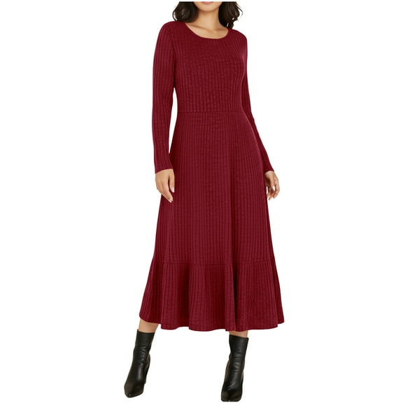 Fall Dresses for Women Winter Long Sleeve Plus Size Ribbed Knitted Round Neck A-Line Soft and Swinging Dress with Pocket Casual (Wine S)