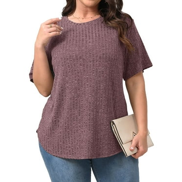 Fantaslook Womens Plus Size Tops Crewneck Short Sleeve Shirts Casual Loose Tunic Tops Curved Hem Summer Blouses
