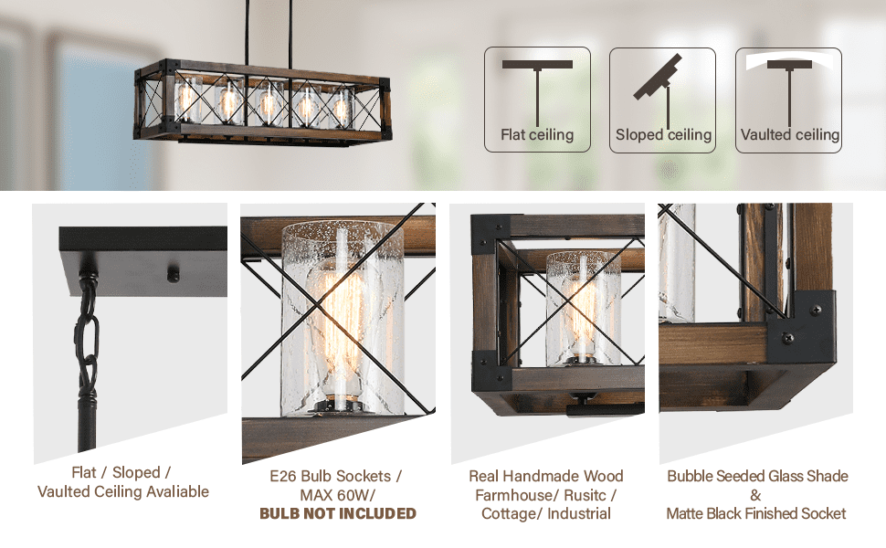 bokifol 5-Light Fixture Kitchen Island Lighting, 35.5 Inch Rustic Rectangle Chandeliers for Dining Room