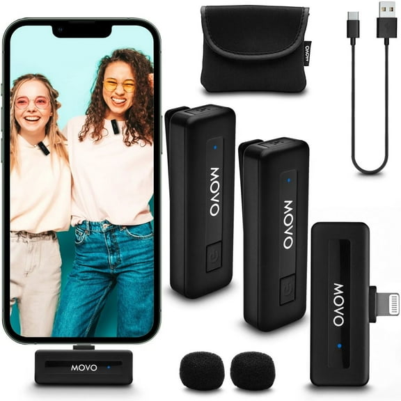 Movo Photo Wireless-Mini-DI-DUO Ultra-Compact Microphone System with 2x Omnidirectional Lavalier Mic for Apple iPhone