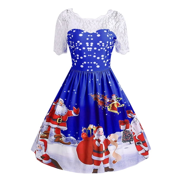 Moda mujer Feliz Navidad Vintage Santa Claus estampado encaje vestido de fiesta de noche Fridja qw501