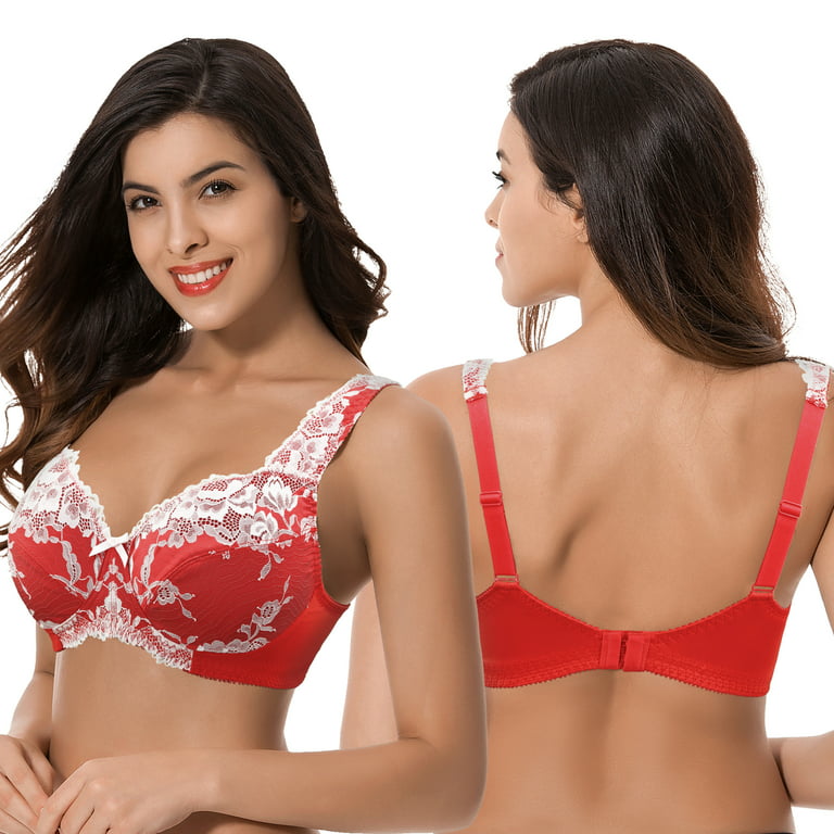 Curve Muse Women's Plus Size Minimizer Unlined Wireless Lace Full Coverage  Bras-2Pack-Black,Red-46DD 
