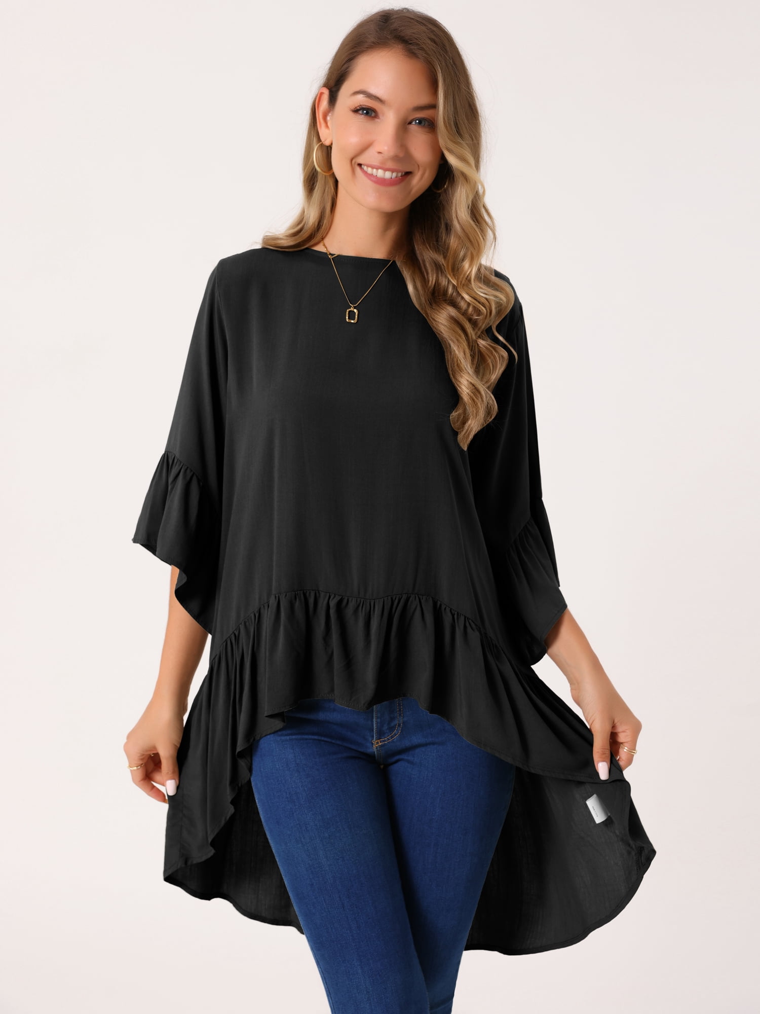 DARING DIVA Women's High Low 3/4 Bell Sleeve Ruffle Hem Blouse S Blacks