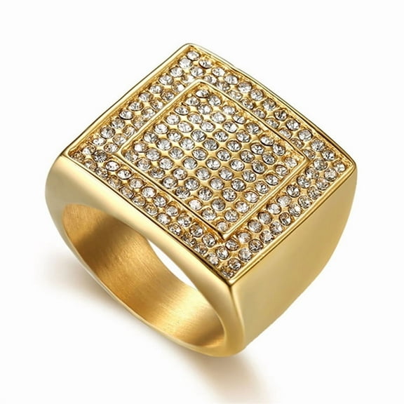 Hip Hop Men's Iced Out Cubic Zirconia Large Square Rings 14K Yellow Gold Big CZ Cool Male Ring Party Jewelry