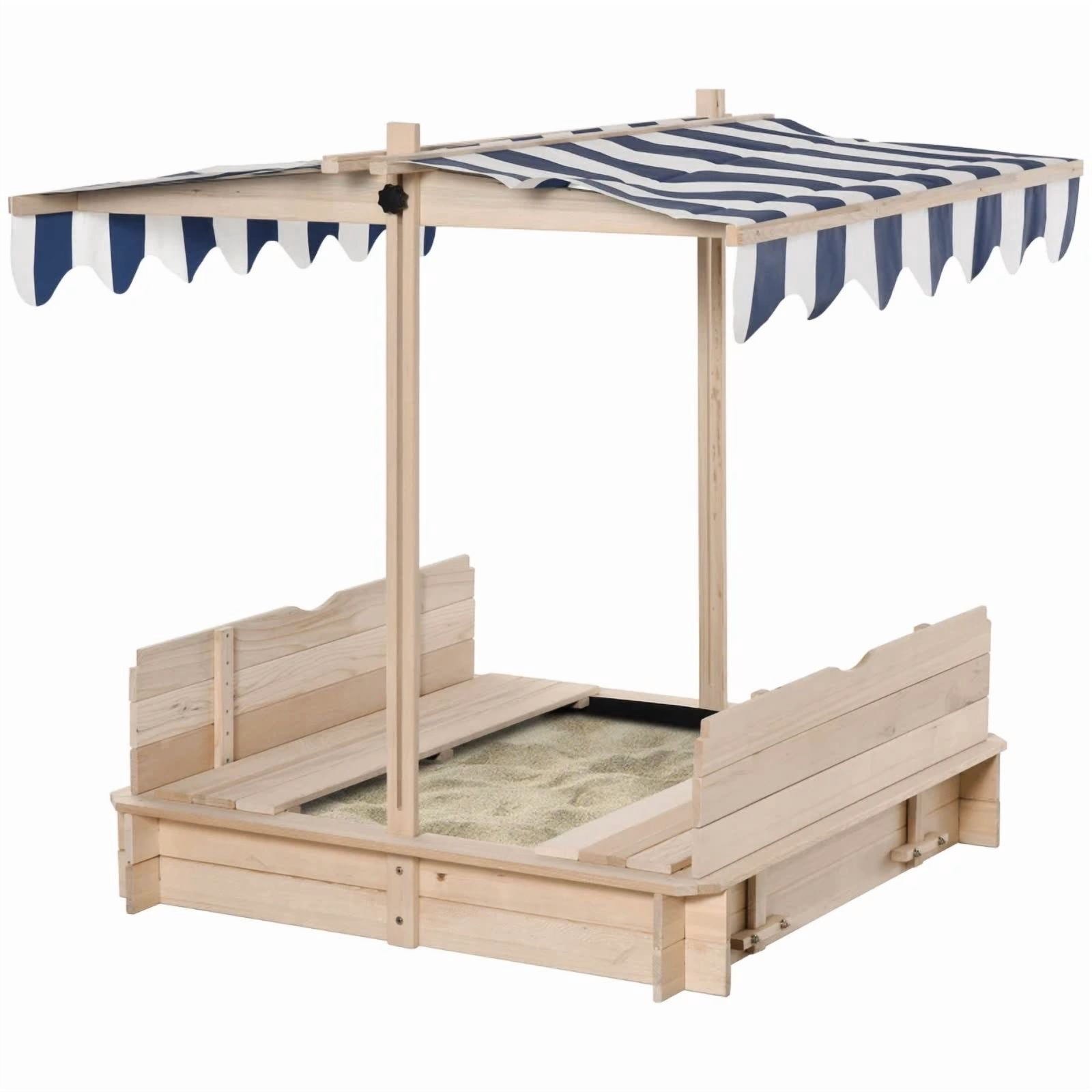 Kids Wooden Sandbox with Adjustable Height & Angle Canopy, Foldable Backrest Bench, Detachable Seats, Non-Woven Bottom Liner, Outdoor Children Sand Play Station for Backyard, Ages 3-7